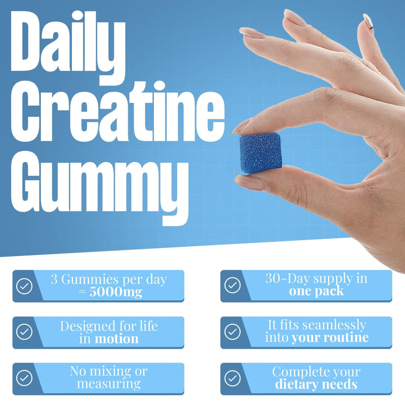 Creatine Gummies 5000mg - 90 Gummies, Pre Workout Muscle Recovery Supplement for Women & Men, Creatine Monohydrate, B12 & L-Taurine - Vegan, 1 Month Supply (Blueberry) 90 count (Pack of 1)