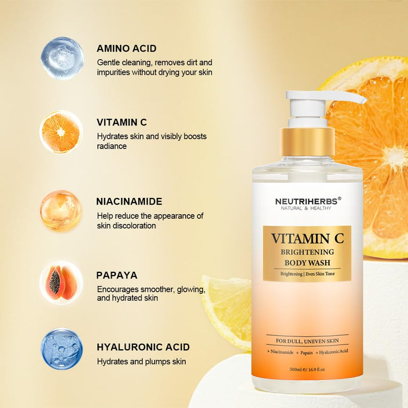 Neutriherbs Brightening Body Wash for Dull,Uneven Skin,Vitamin C Shower Gel | Daily Shower Soap for Women and Men, Enriched Papain, Niacinamide, Fresh Citrus Scent 16.9fl oz, Gentle Cleansing Skincare