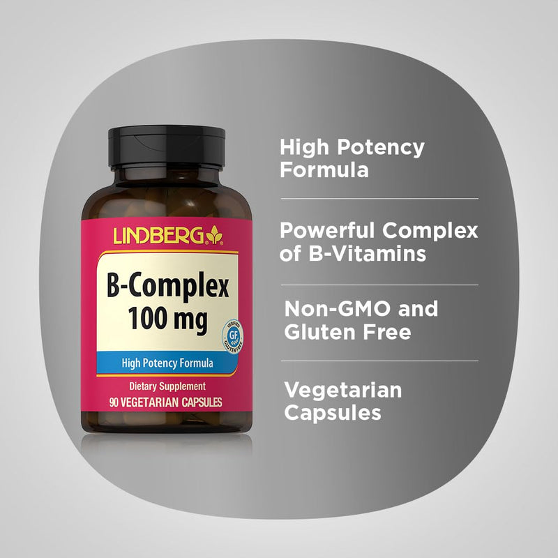 Lindberg B Complex Vitamins 100 mg | 90 Capsules | High Potency Supplement for Women and Men | with B1, B2, B6, B12, and Folate | Vegetarian, Non-GMO, Gluten Free