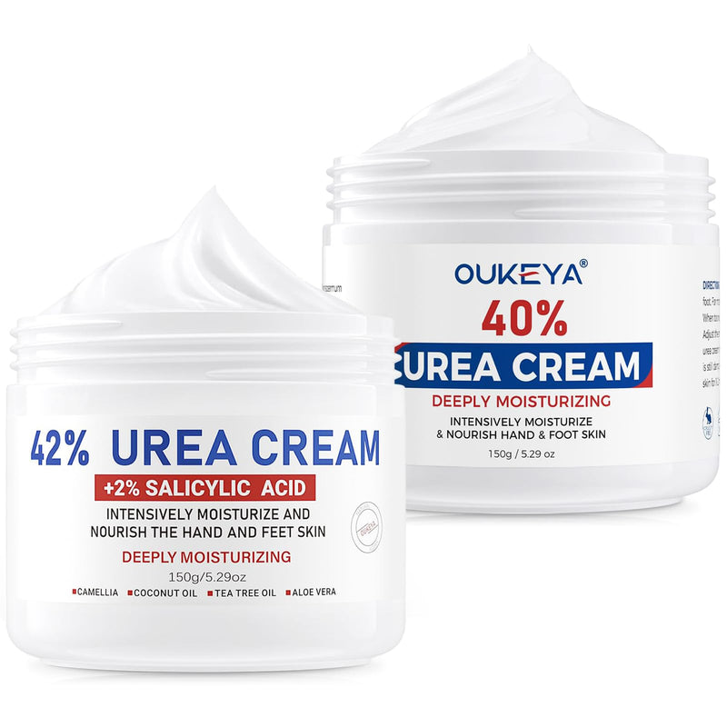 [Australia] - OUKEYA 42% plus Salicylic Acid 2% with 40 percent Urea Cream 40 percent Intensive Repair Treatment for Cracked Skin on Hands, Heels, Elbows, Relief for Dry FeetEnhanced Pump Dispenser Packaging 2 Pack 5.29 Ounce(40% Urea Cream&42%Urea Cream) 