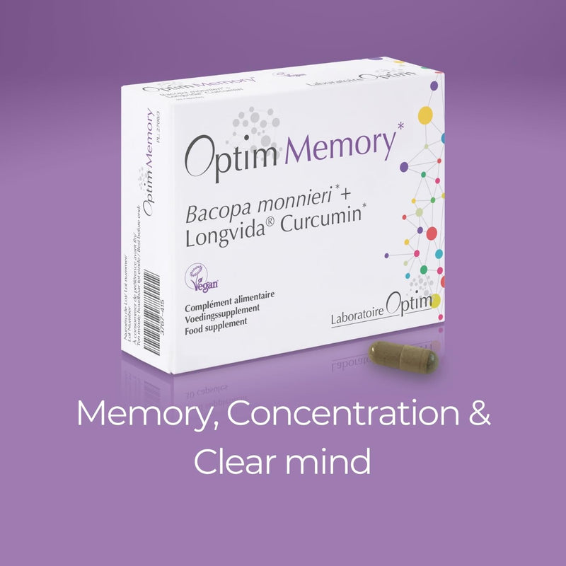 OPTIM Memory – Bacopa Monnieri Brahmi & Longvida Curcumin Capsules for Brain & Focus Support for Adults & Students, 90 Vegan Capsules - SOYA Free
