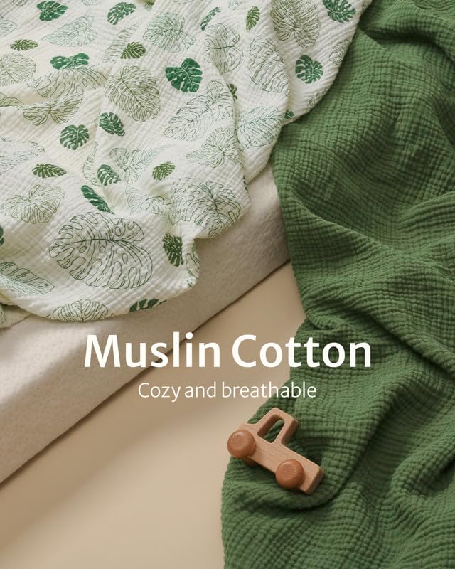[Australia] - Muslin Crib Sheets, Cotton Neutral Crib Sheet for Baby Girls and Boys, Fitted for Standard Crib Mattress & Toddler Bed Mattress (52"x28"), Soft and Breathable, 2 Pack(Monstera&Dark Green) Monstera & Dark Green Crib Sheets 2 Pack 