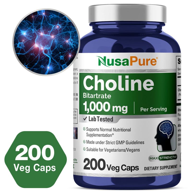 [Australia] - NusaPure Choline Bitartrate 1000 mg 200 Veggie Capsules (Vegetarian, Non-GMO) 