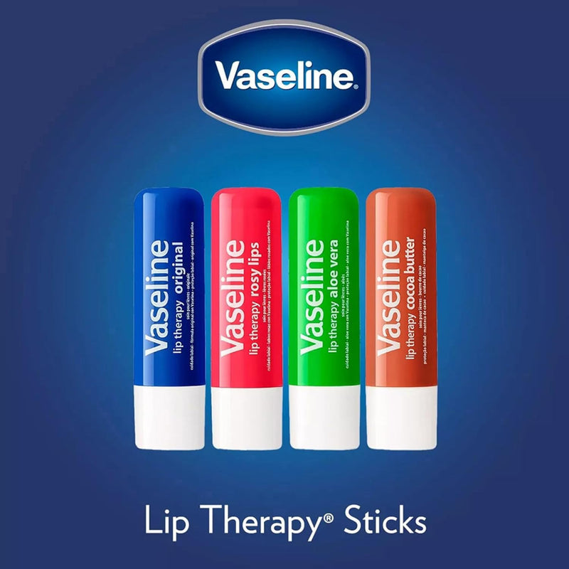 Vaseline Lip Therapy Variety 4-Pack – Original + Rosy Lips Moisturizing Lip Balm with Vitamin E, 0.16 Oz Ea
