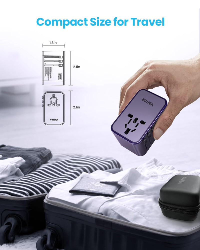 VINTAR GaN Universal Travel Adapter 75W, 6-in-1 with 3USB-C PD & 2USB-A QC | International Power Adapter for EU/UK/US/AU, Fast Charging for Laptops/Tablets/Phones, Type C/G/A/I Plug, Purple 75W Purple