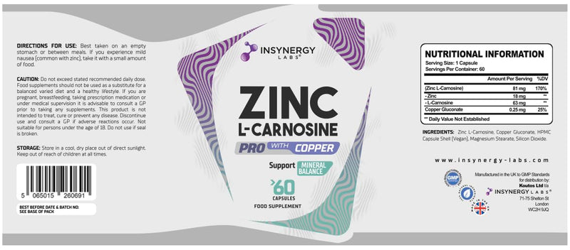 Zinc L-Carnosine PRO 81mg with Copper (Superior Absorption) Zinc L Carnosine Advanced Zinc Supplement, Zinc Capsules for Stomach & Digestive Support High Absorption Copper Formula 60 Vegan Capsules