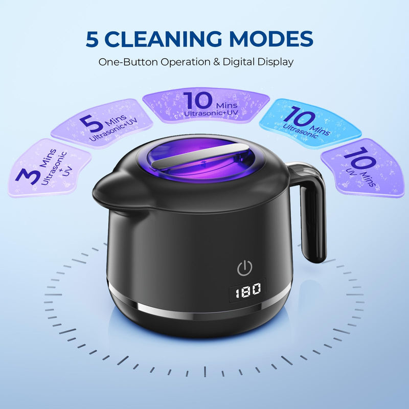 [Australia] - Ultrasonic Retainer Cleaner Machine - 45kHz Ultrasonic Jewelry Cleaner - 200ML Mouth Guard & Denture Cleaner Pod - 5 Modes with Digital Timer - Upgrade Water Bottle Design,Bright Black 