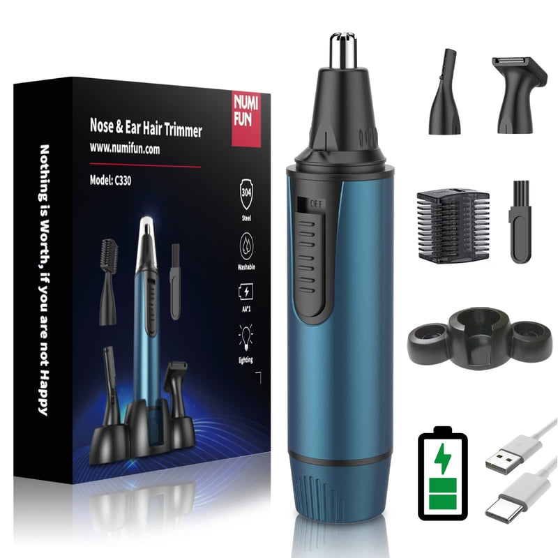 [Australia] - Men's Nose Hair Trimmer, 3 in 1 Professional Ear Hair Trimmer and Nose Hair Remover for Men and Women, USB Rechargeable, Dual Blades, IPX7 Waterproof, Easy Cleaning, Blue 