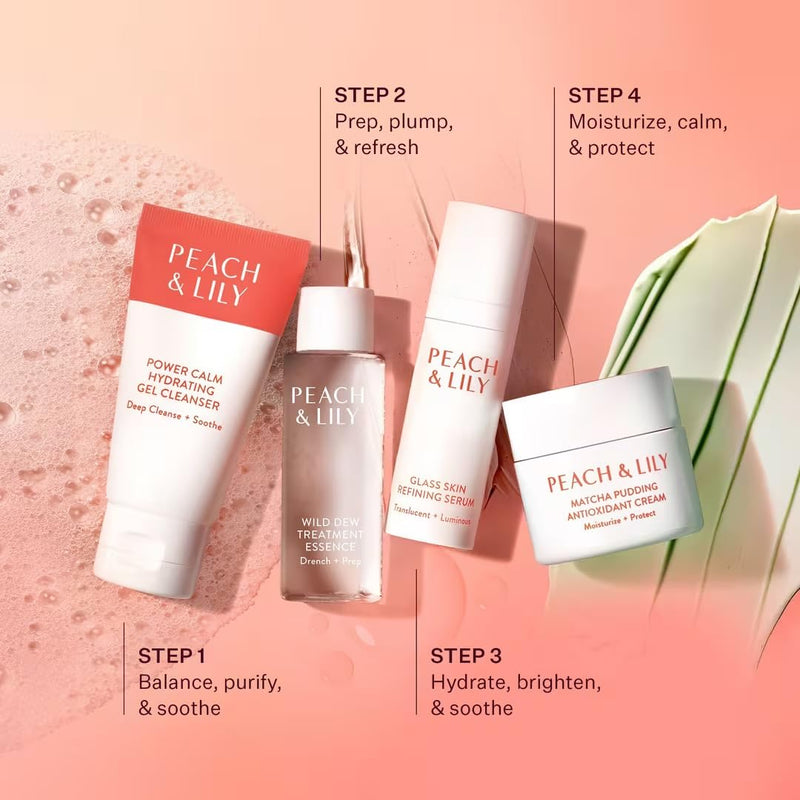 [Australia] - Peach & Lily - Glass Skin Discovery Kit (4 Products) - 1 Cleanser, 1 Essence, 1 Serum & 1 Cream - Skin Care Set - Acne Routine - Travel Essentials - Self Care - Vegan & Cruelty Free - Korean Beauty 