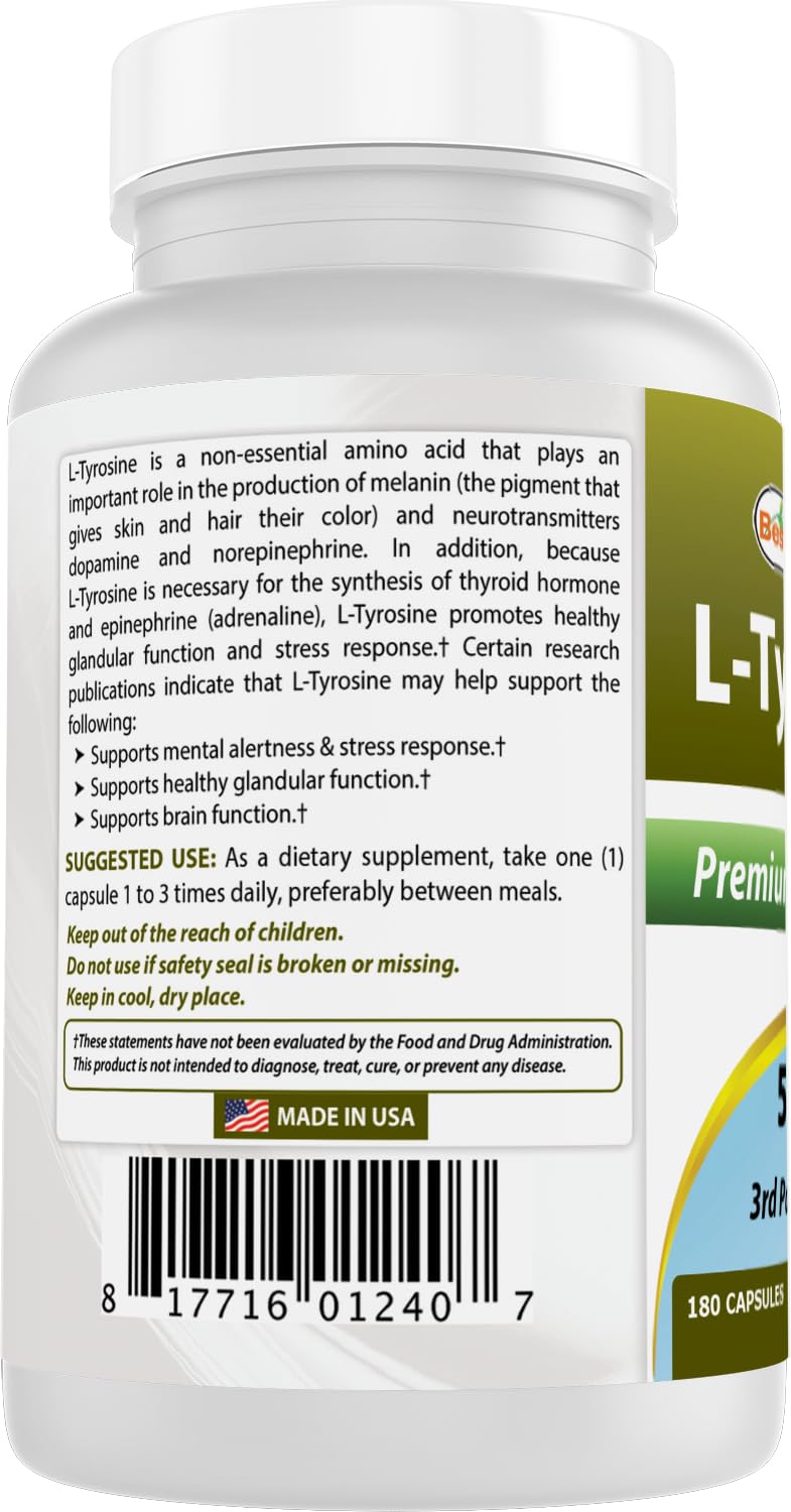 [Australia] - Best Naturals L-Tyrosine 500 Mg 180 Capsules - Supports Mental Alertness, Energy, Focus, Healthy Glandular Function and Balance 180 Count (Pack of 1) 