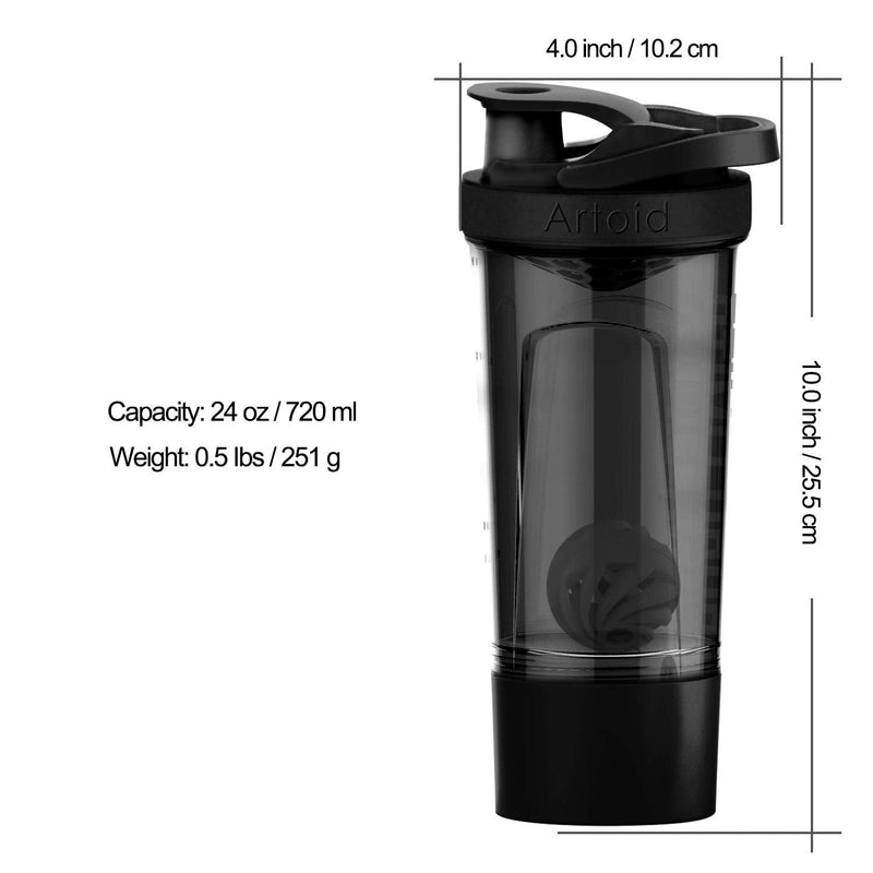 [Australia] - Artoid Mode Motivational Sports Mixer 720ml Shaker for Egg White/Protein, with Strainer Spiral Ball 200ml Storage Box & Handle, Drinking Bottle for Gym Fitness Powder Nutritional Supplements BPA Free Black/Grey 
