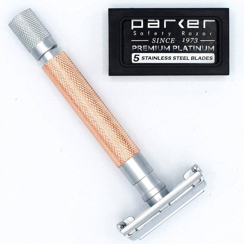 Parker 74R Rose Gold – Long Handle Butterfly Open Safety Razor for Men | Heavyweight Double Edge Razor Includes 5 Premium Platinum Blades