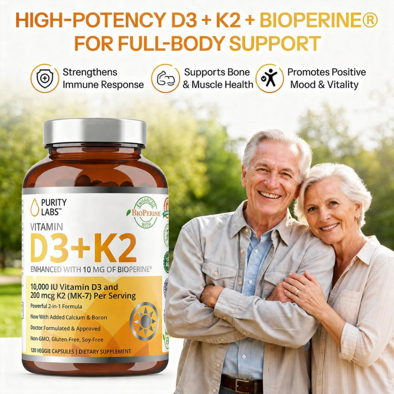 Purity Labs Vitamin D3 K2 10000 IU, (250mcg) D3 + 200mcg K2 MK7 - Immune Support Supplement Enhanced with Bioperine - Supplements for Daily Defense, Bone, Muscle & Skin Health - 120 Capsules