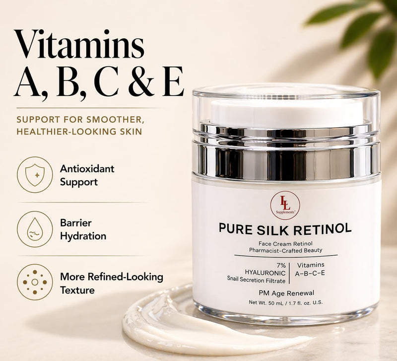 Pure Silk Retinol Night Cream – Pharmacist Formulated Anti-Aging Face Moisturizer Snail Mucin & 7% Hyaluronic Acid – Vitamin A-B-C-E Complex for Wrinkles – Non-Greasy PM Renewal (50ml)