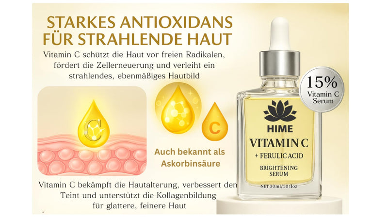 Vitamin C Serum 15% [High Dose] - Anti-Ageing Formula with Ferulic Acid, Aloe Vera & Hyaluronic Acid | Wrinkle Reduction, Moisture Booster for Sensitive Skin - No Additives, Organic | Hime®
