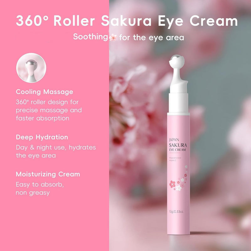 Sakura Eye Cream with 360° Cooling Massage Roller, Deep Hydration Serum with Caffeine+Vitamin C, Under Eye Cream Reduce Wrinkles, Fine Lines, and Bags, Dark Circles Under Eye Treatment, 0.53oz