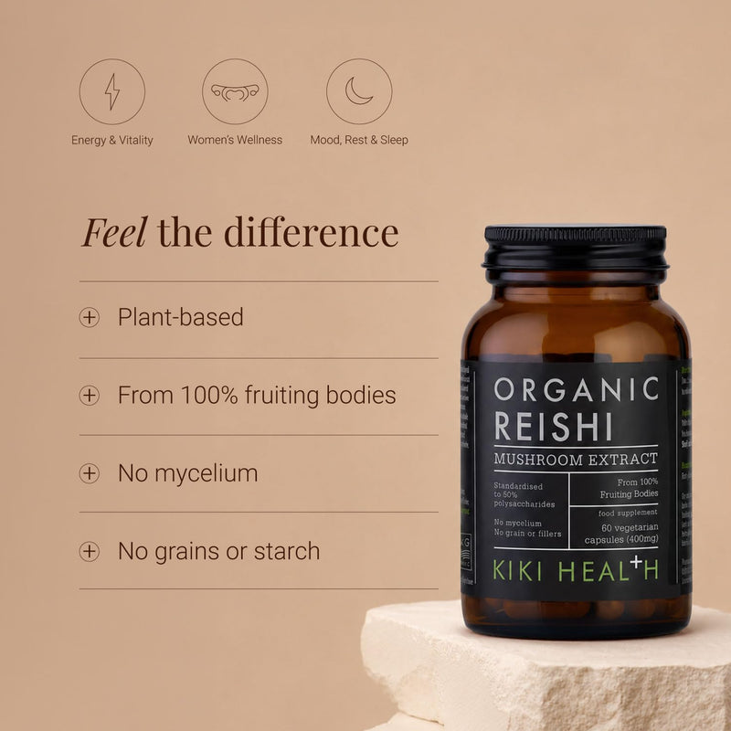 KIKI Health - Organic Reishi Mushroom Extract Capsules 400mg - High Potency - from 100% Fruiting Bodies - 50% Beta-Glucan Rich Polysaccharides - Vegan Friendly - 60 Capsules