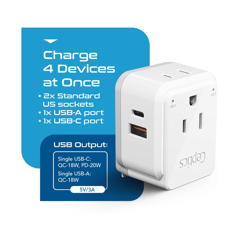 Ceptics International Power Plug Adapter Travel Set, 20W PD & QC, Safe Dual USB & USB-C 3.1A - 2 USA Outlet - Compact - Use Europe, Asia, Africa In Worldwide - Includes 13 Type SWadAPt Attachments Cherry White