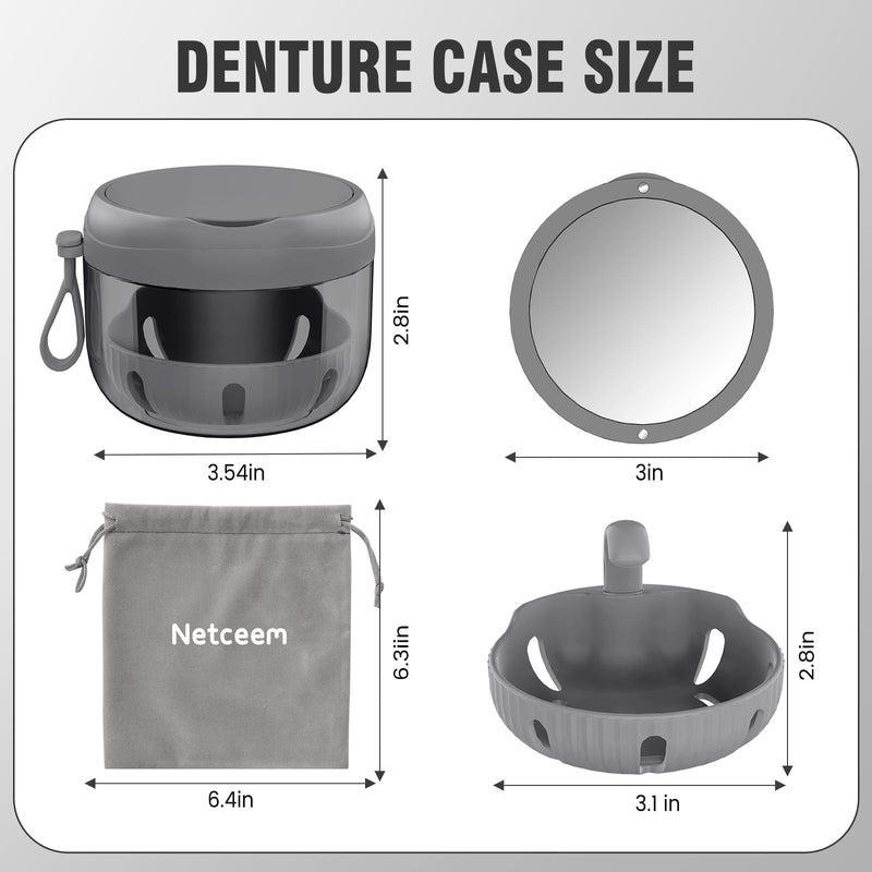 [Australia] - 2024 Upgraded Netceem Denture Cup, Leak Proof Denture Case, Retainer Cleaning Box, Complete Clean Care for Dentures,Night Guard & Retainers with Denture Brush,Strainer, Removal Tool and Mirror Black 