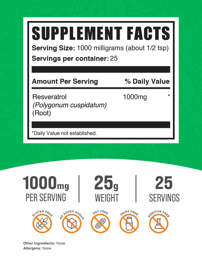 [Australia] - BulkSupplements.com Resveratrol Powder - Resveratrol Supplement, Polygonum Cuspidatum, Resveratrol 1000mg - Antioxidant & Gluten Free, 1000mg per Serving, 25g (0.88 oz) (Pack of 1) 25 Servings (Pack of 1) 