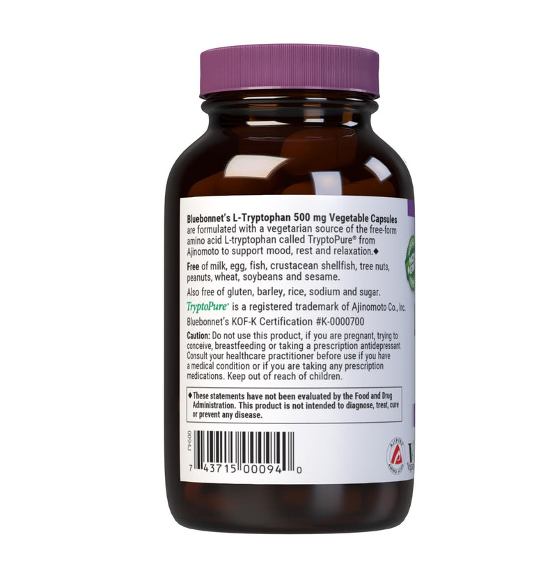 Bluebonnet Nutrition L-Trypotophan 500mg, for Neurotransmitting Support*, Supports Positive Mood*, Soy-Free, Gluten-Free, Non-GMO, Kosher Certified, Vegan, White 60 Vegetable Capsules, 60 Servings | for Neurotransmitting Support & Supports Positive Moo...