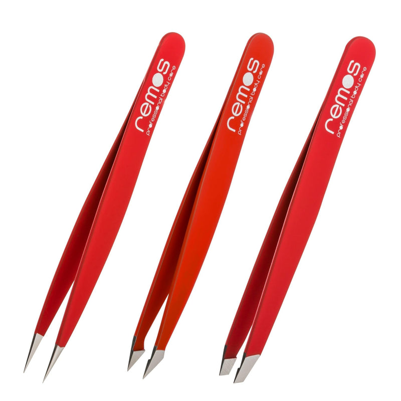 [Australia] - REMOS tweezers set 3 pieces with eyebrow, splinter and combination tweezers in red 