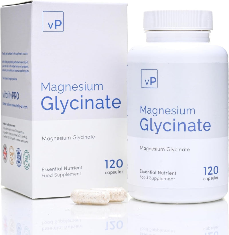 vP Vitality Pro Magnesium Glycinate Supplement, 120 Capsules | 700 mg per Capsule, 98 mg Elemental Magnesium, High Absorption, Unbuffered, Fully Reacted, For Relaxation & Sleep
