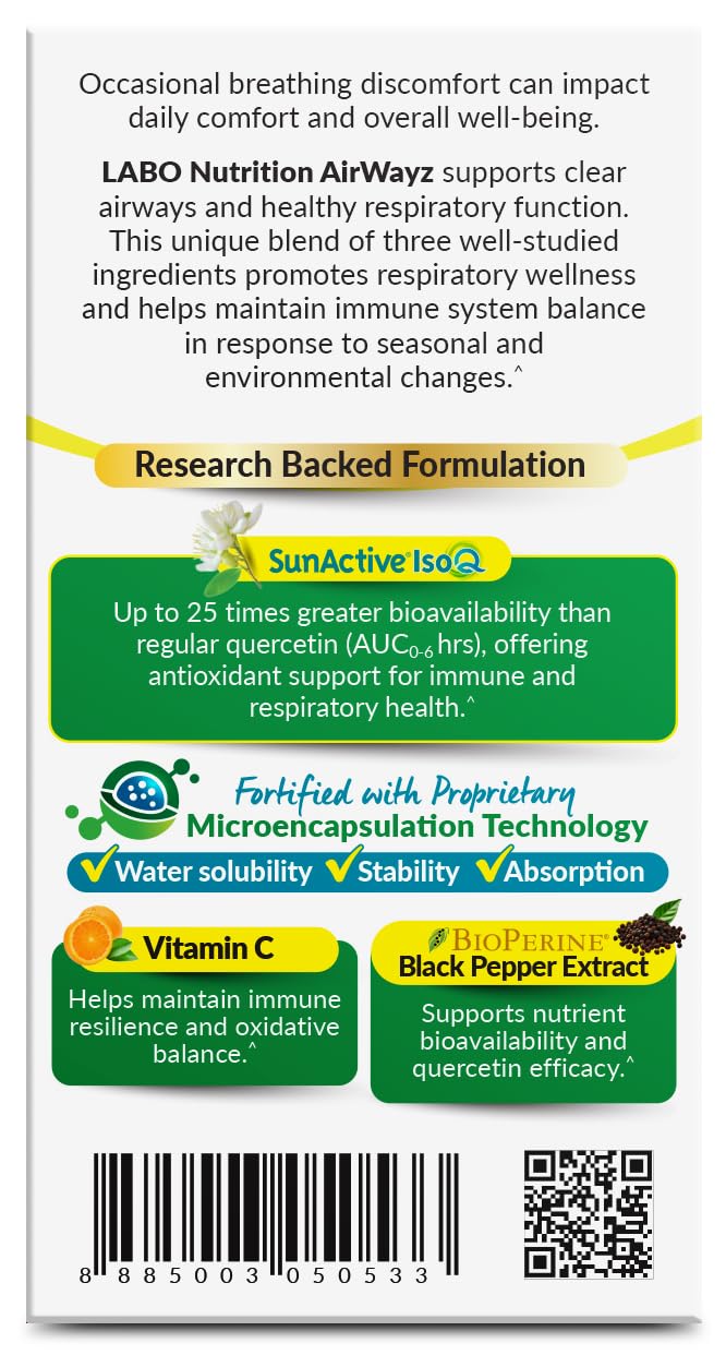 LABO Nutrition AirWayz Quercetin Respiratory & Seasonal Immune Wellness | 60 veggie capsules. 60 days' supply, Microencapsulated SunActive IsoQ quercetin with vitamin C & Bioperine black pepper