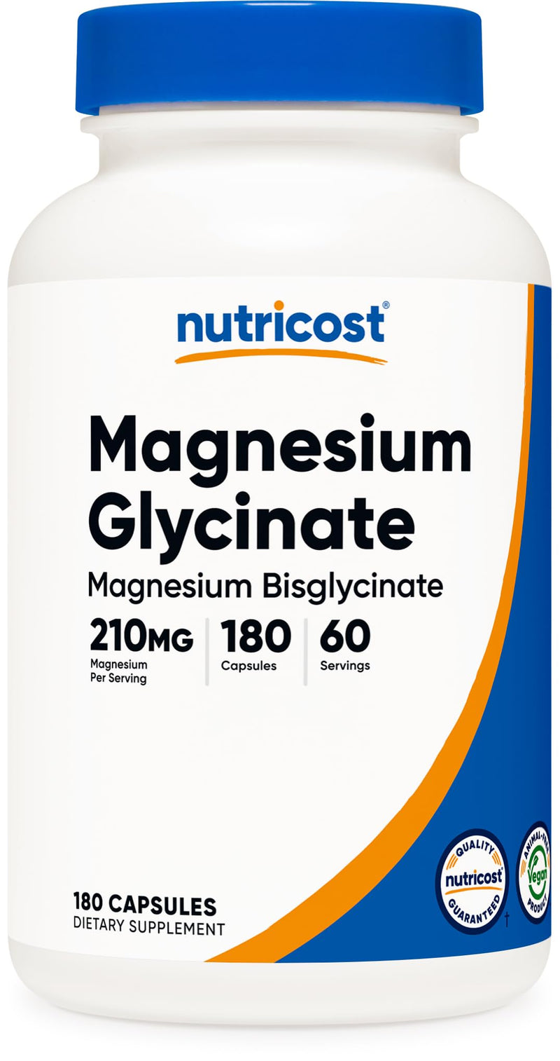[Australia] - Nutricost Magnesium Glycinate Capsules (180 Capsules, 210 mg Per Serving) - Magnesium Glycinate Supplement for Gentle Absorption Unflavored 180 Count (Pack of 1) 