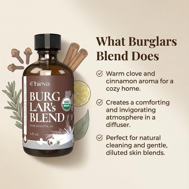 THIEVA Burglar's Blend Essential Oil, USDA Organic, 4 oz | Pure Undiluted Clove, Cinnamon, Eucalyptus, Rosemary and Lemon Blend for DIY Cleaning, Diffusers and Seasonal Home Wellness Burglars