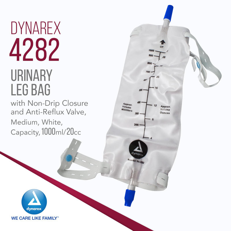 [Australia] - Dynarex Urinary Leg Bag, For Use with a Catheter, Has a Non-Drip Closure and Anti-Reflux Valve, Includes Easy-to-Use Straps, 1000 ml/20 oz Capacity, Medium, White, 1 Box of 12 Dynarex Urinary Leg Bags 