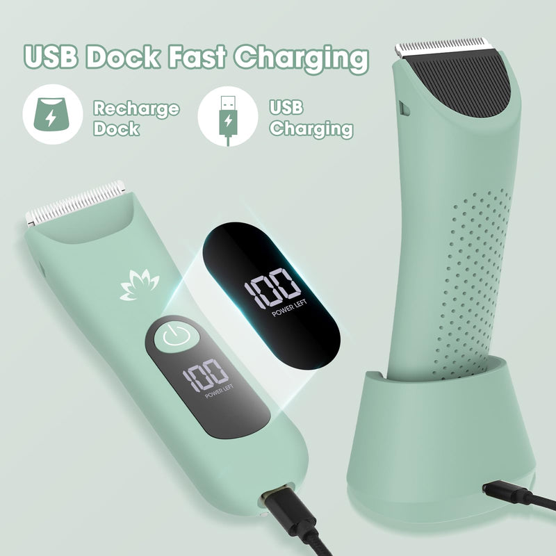 [Australia] - Bikini Trimmer for Women, Painless Pubic Hair Trimmer for Armpit Leg Arm Body Private Area,Rechargeable Womens Electric Razors Shaver LED Light Ceramic Blade IPX7 Waterproof Wet/Dry LCD Display,Green Green 