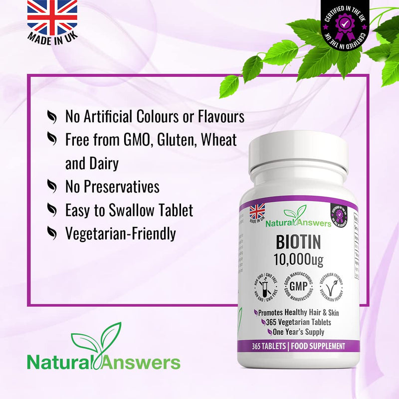 365 Biotin Hair Growth Tablets (1 Years Supply) - Vegetarian 10,000UG Vitamin B7 Supplements for Men and Women, Healthy Hair, Skin & Nails Support - UK Manufactured
