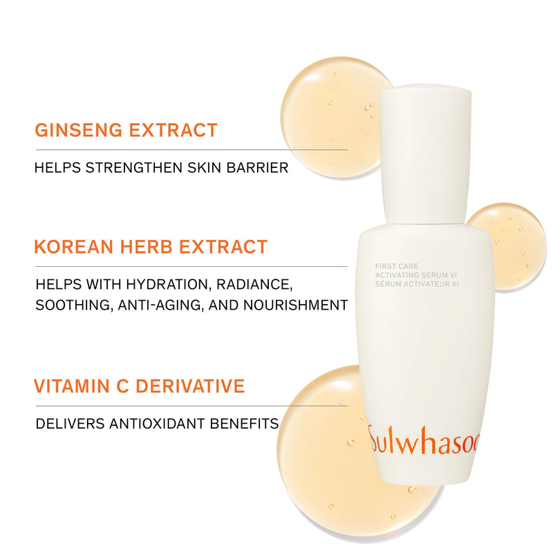 [Australia] - Sulwhasoo First Care Activating Serum – Targets Visible Fine Lines, Dryness & Dullness | Preventative Anti-Aging Serum with 500-Hour Aged Ginseng, Korean Herb Extract & Vitamin C | Korean Skincare First Care Trial Set 