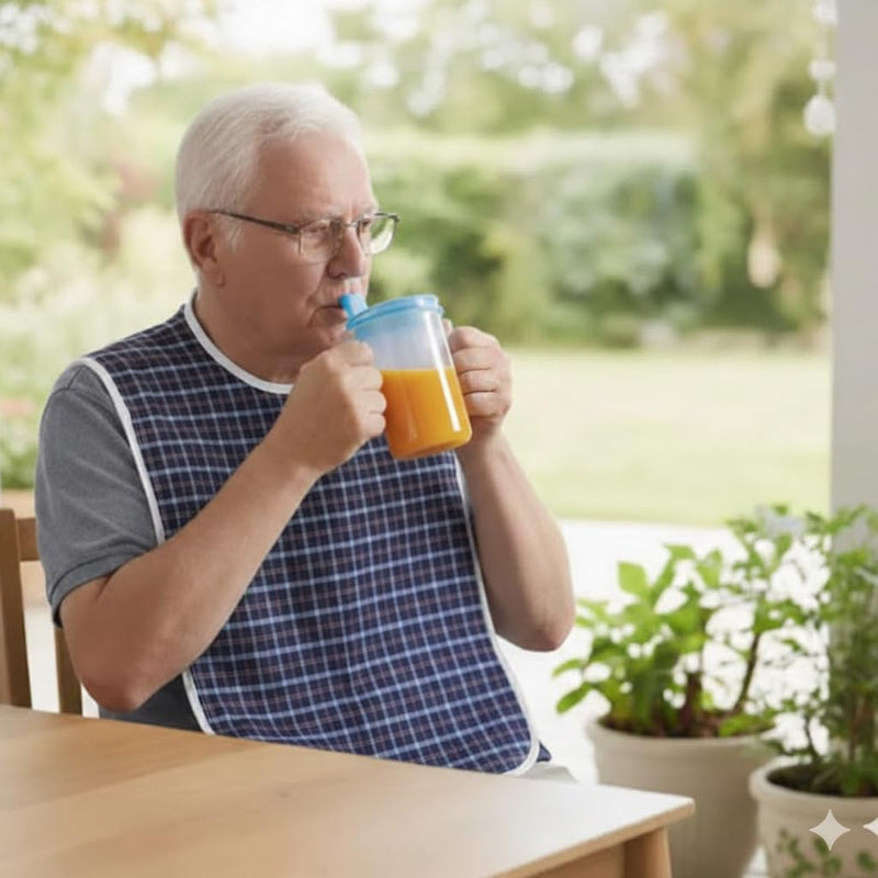 Set of Two Medisure Spill Proof Cups for Adults (300 ml) and Two Washable Adult Bibs for Elderly - Covered Drinking Cups for Adults, Waterproof Bibs for Elderly Eating, Senior Dining Aid
