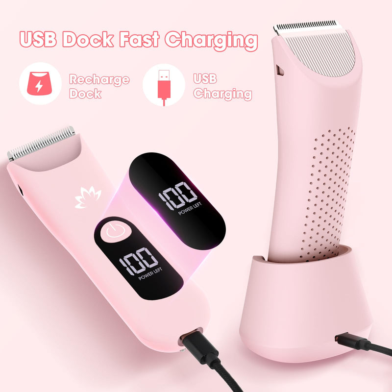 [Australia] - Bikini Trimmer for Women, Painless Pubic Hair Trimmer for Armpit Leg Arm Body Private Area,Rechargeable Womens Electric Razors Shaver LED Light Ceramic Blade IPX7 Waterproof Wet/Dry LCD Display,Pink Pink 