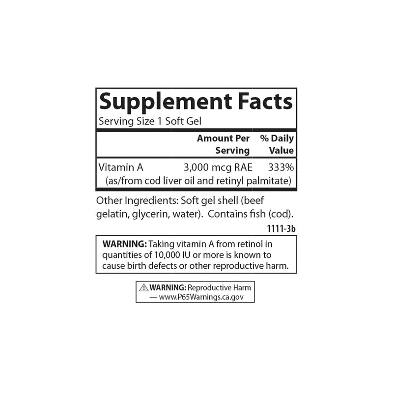 Carlson Vitamin A, 10000 IU (3000 mcg RAE), Vision Health, 100 Softgels | Promotes healthy vision and skin 1 Count (Pack of 100)