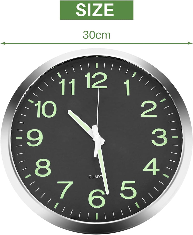[Australia] - JoFomp Modern Glow in The Dark Wall Clock, 12 inch Non-Ticking Silent Movement Night Light Clock, Aluminum Frame Luminous Function Numbers and Hands, Decorative for Home Living Room Office (Black) Black 