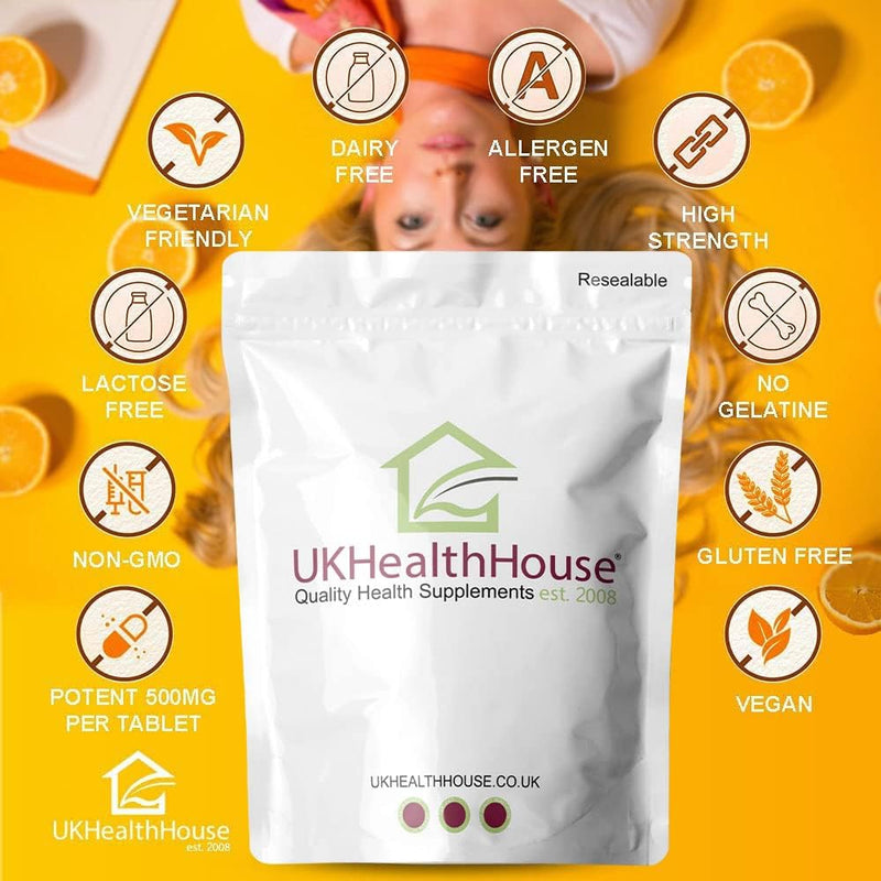 UKHealthHouse Vitamin C 500mg Chewable Vegan 360 Tablets Immune Support Orange Flavour High Strength Antioxidant Reduction of Tiredness & Fatigue
