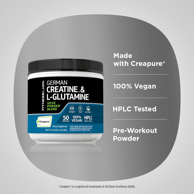 [Australia] - Fitness Labs German Creatine and L-Glutamine | 1.1 lbs | Monohydrate and Creapure Powder | Vegan Fitness Supplement 