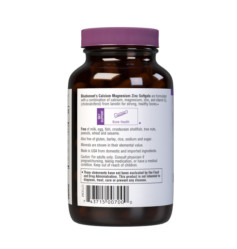Bluebonnet Nutrition Calcium Magnesium Zinc Plus Vitamin D3, 1000 mg of Calcium, 500 mg of Magnesium and 15 mg of Zinc, 400 IU Vitamin D3, For Strong Healthy Bones*, Gluten-Free, Dairy-Fee, 60 softgel | For Strong Healthy Bones; Gluten-Free Unflavor