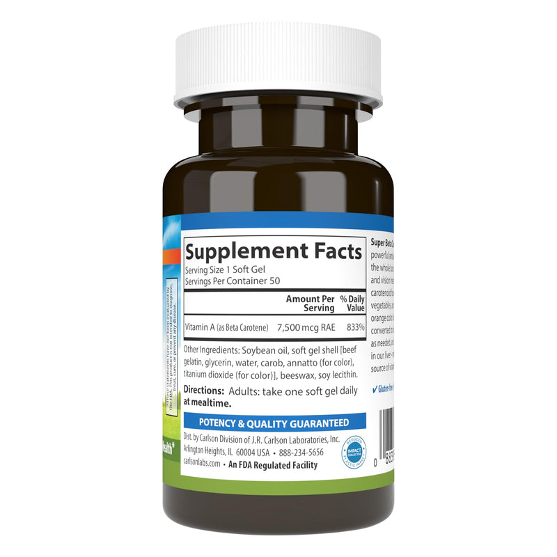 [Australia] - Carlson - Super Beta Carotene, 25000 IU (15 mg), Vitamin A as Beta Carotene, Bioavailable and Bioactive Form, Vision Health, Healthy Skin, 50 Softgels 
