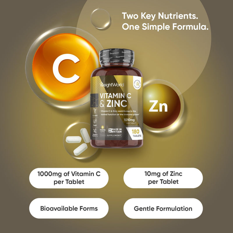 Vitamin C and Zinc Supplements - 6 Months Supply - 180 Tablets - 1 per Day - 1000mg L-Ascorbic Acid & 10mg Zinc Citrate - Vegan-Friendly & Non-GMO - Vitamin C Tablets for Men & Women