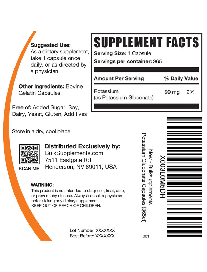 [Australia] - BulkSupplements.com Potassium Gluconate Capsules - Potassium Gluconate Supplement, Potassium Gluconate 600mg, Potassium Supplement - Gluten Free, 1 Capsule per Serving, 365 Capsules (Pack of 1) 