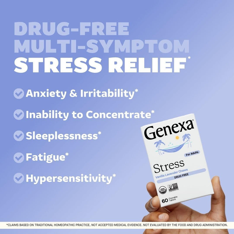 Genexa Stress, Anxiety & Stress Relief Made Clean, 180 Chewable Tablets | Dye Free, 0% Artificial Additives, Non-GMO, Gluten Free, Homeopathic Remedy, Natural Lavender Vanilla Flavor for Adults 3 Pack