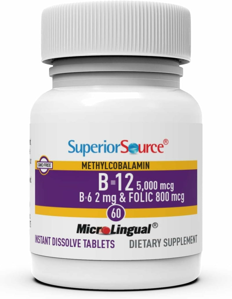 Superior Source No Shot Vitamin B12 Methylcobalamin (5000 mcg), B6, Folic Acid, Quick Dissolve Sublingual Tablets, 60 Ct, Increase Energy, Healthy Heart, Boost Metabolism, Stress Support, Non-GMO
