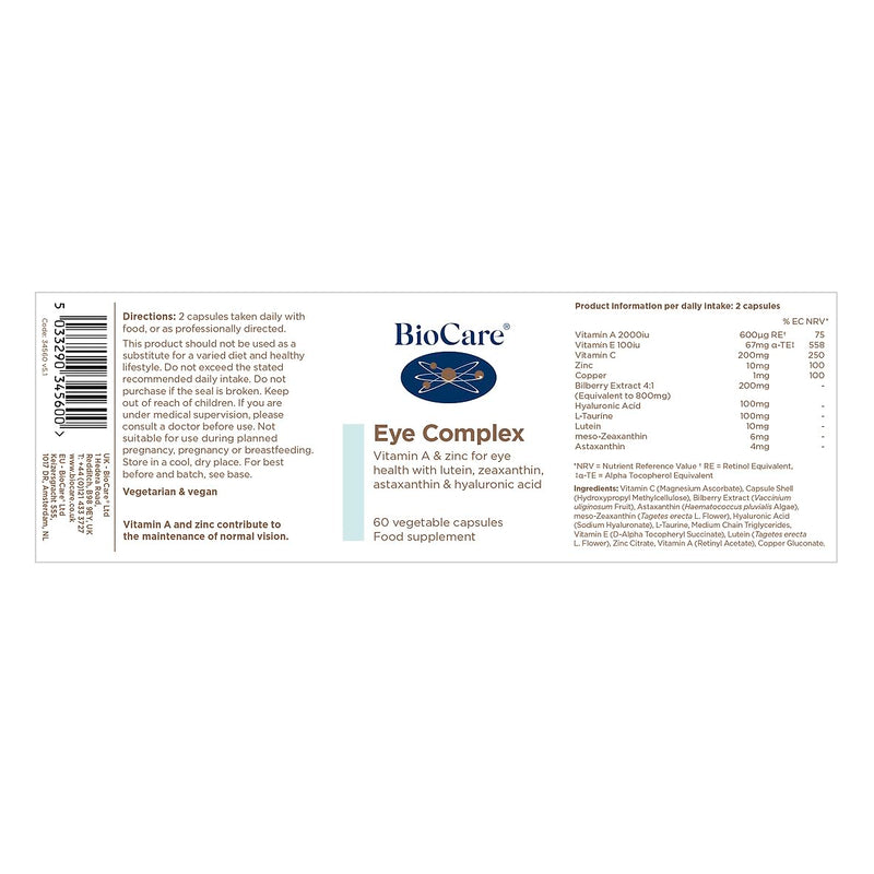 BioCare Eye Complex - Vitamins A, C, E, Zinc & Copper for Vision and Antioxidant Support - 60 Capsules 60 count (Pack of 1)
