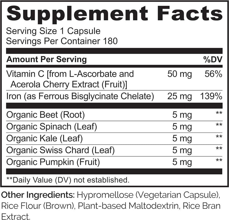 Iron Supplement Bisglycinate 25mg + Vitamin C | 180 Mini Vegan Capsules (6 Month Supply) | Gentle Iron for Women & Daily Use | Vegan Iron Capsules with Whole Food Blend | NATURELO 180 count (Pack of 1)