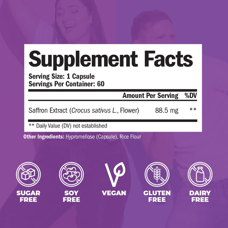 [Australia] - Saffron Supplements for Women & Men. Saffron Extract Capsules Promote Eye, Heart, Brain & Metabolic Health. 100% Pure Saffron (Azafran) Alternative to Saffron Gummies or Safron Powder. Vegan 60 Caps 60 Count (Pack of 1) 