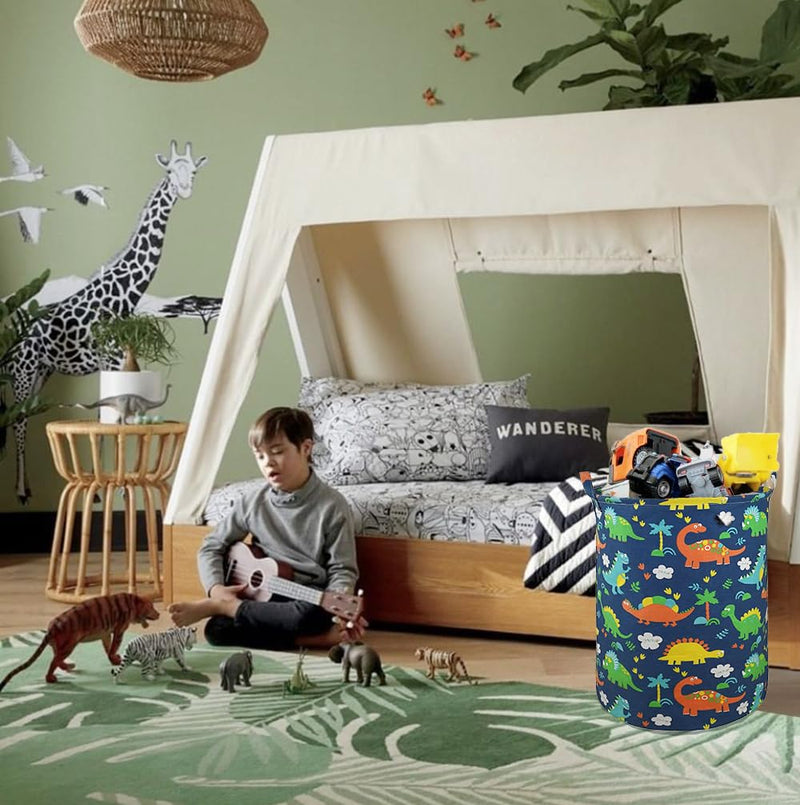 [Australia] - Round Canvas Clothes Basket Laundry Hamper dark blue dinosaur 